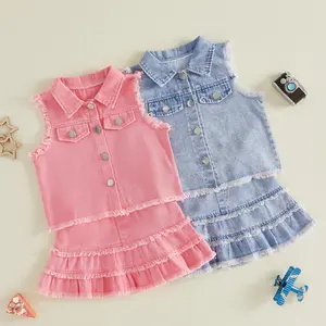 Canrulo Denim Skirt Set Toddler Girl Jean Jacket Button Down Sleeveless Top and Ripped Jean Skirt Kids Summer Clothes 1-6T