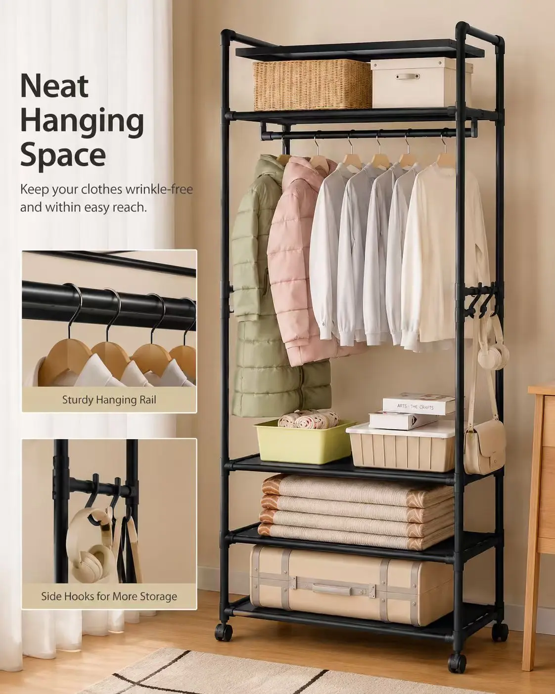 3-Tier Rolling Clothing Rack with Wheels, Freestanding Garment Rack With Hanging Rod, Side Hooks and 3 Storage Shelves, Portable Clothes Organizer for Bedroom Entryway Apartment, Black White 2 Colors