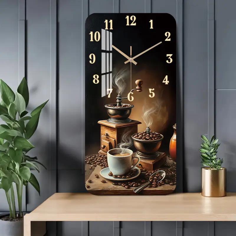 1pc Silent Wall Clock Non-Ticking Wooden, Decorative Square Clock Still life with coffee grinder and cup Design for Entryway, Living Room, Bedroom, Dining Room, Workspace (No Battery)
