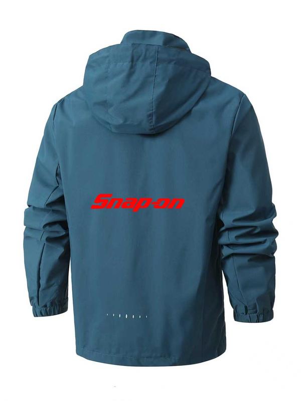 Men's Lightweight Polyester Fashion Hooded Jacket, Snap-On Letter Print, Full Zip Front, Casual Outdoor Spring & Fall Outerwear