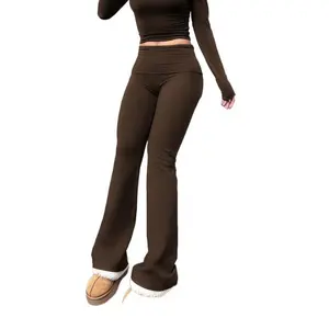 LYD Women’s Casual Solid-Color Wide-Waist Flare Pants/Leggings — Fold-Over Waist, High-Rise, Ruched Slim Fit, Fabric Women’s Wear — LYD women leopard bottom basic all seasons minimalist white flared crop everyday outfit polyester print