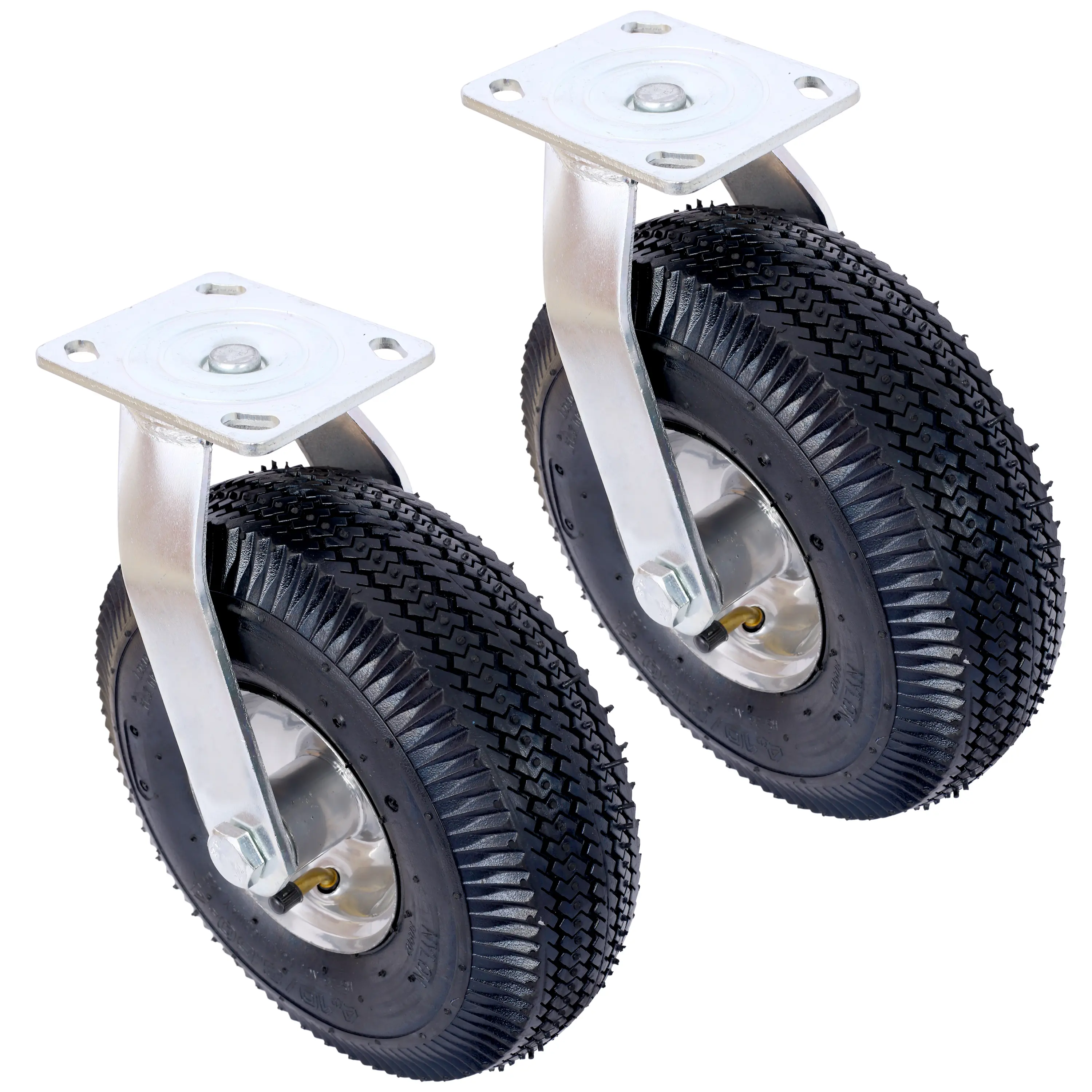 10-Inch Pneumatic Tire Metal Casters (2 Swivel Units), Steel Hub with Ball Bearings, 5/8-Inch Centered Bore Axle, Swivel Plate, 300-lb Capacity Black Hardware Wheels for Heavy Loads