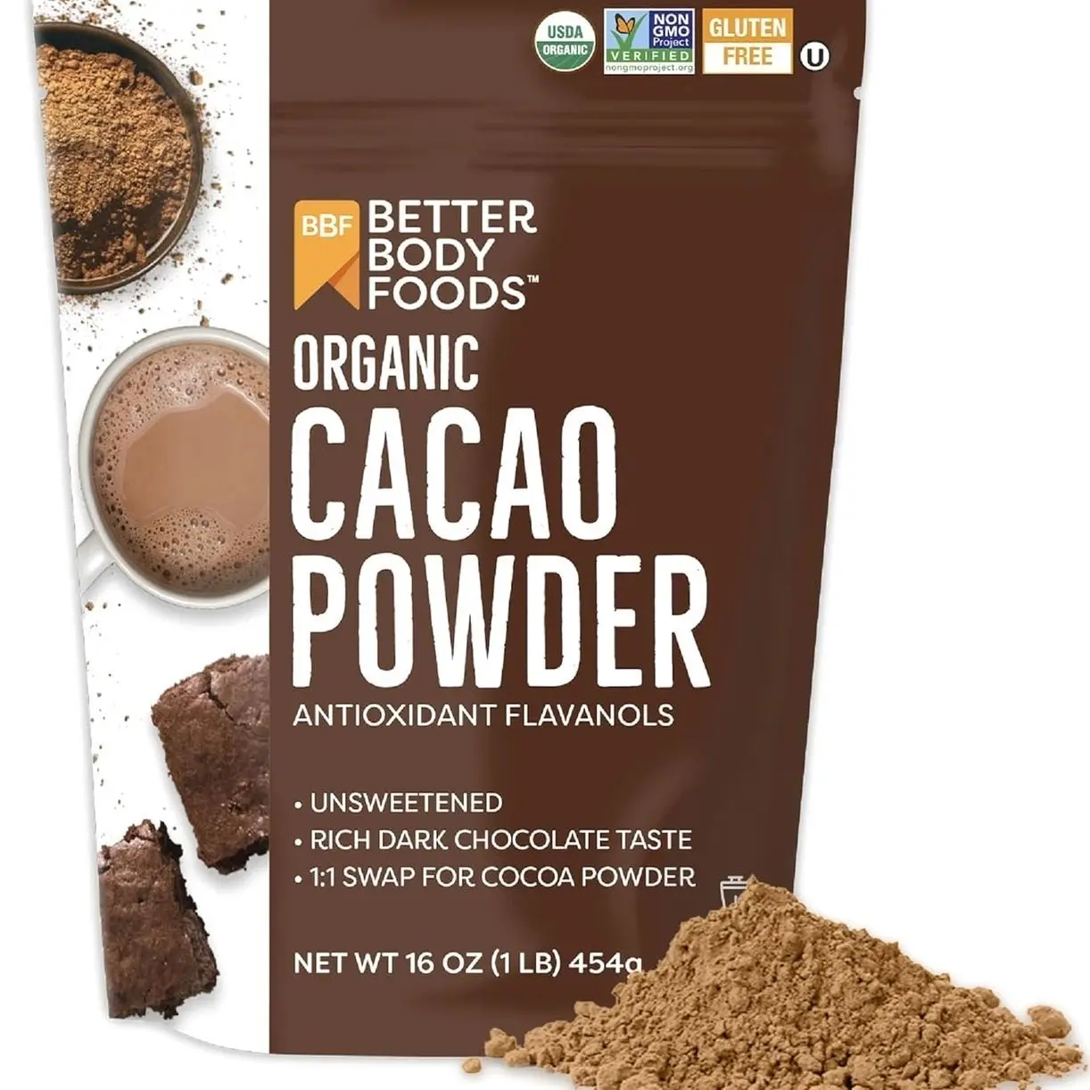 BetterBody Foods Organic Cacao Powder, Rich Chocolate Flavor, Non-GMO, Gluten-Free, Cocoa, 16 ounce, 1 lb bag