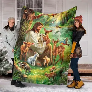 Polyester Flannel Blanket With Jesus And Animal Prints For Office Lunch Breaks And Travel - 100% Polyester For Lightweight Portability