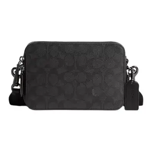 COACH Charter 19 Classic Monogram Double-Zip Crossbody Bag for Men, Small Size, Charcoal Coated Canvas with Premium Calfskin