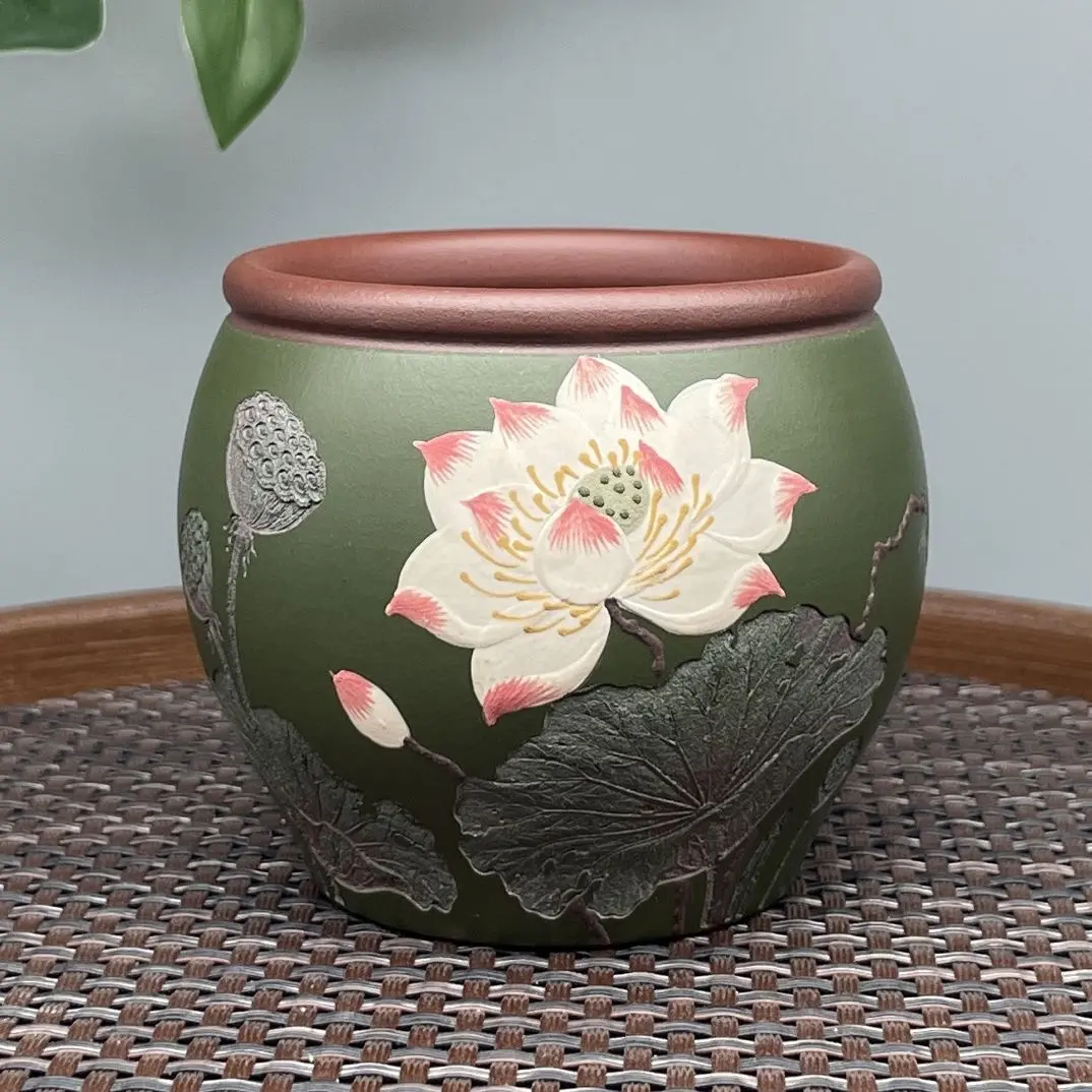 Fully Handmade Thermochromic Purple Clay Ceramic Tea Mug, Full-Hand Piled Relief Lotus Pattern, 160cc Large Capacity, BPA Free for Hot Drinks, High-End Customized Gift Kitchen Drinkware
