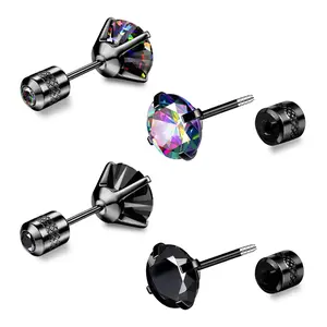 2 Pairs Titanium Screw Back Earrings, Black Mens Stud Earrings Hypoallergenic Titanium Flat Back Earrings for Women 6mm Rainbow Cubic Zirconia Studs Cartilage Piercing Twist Grad Jewelry