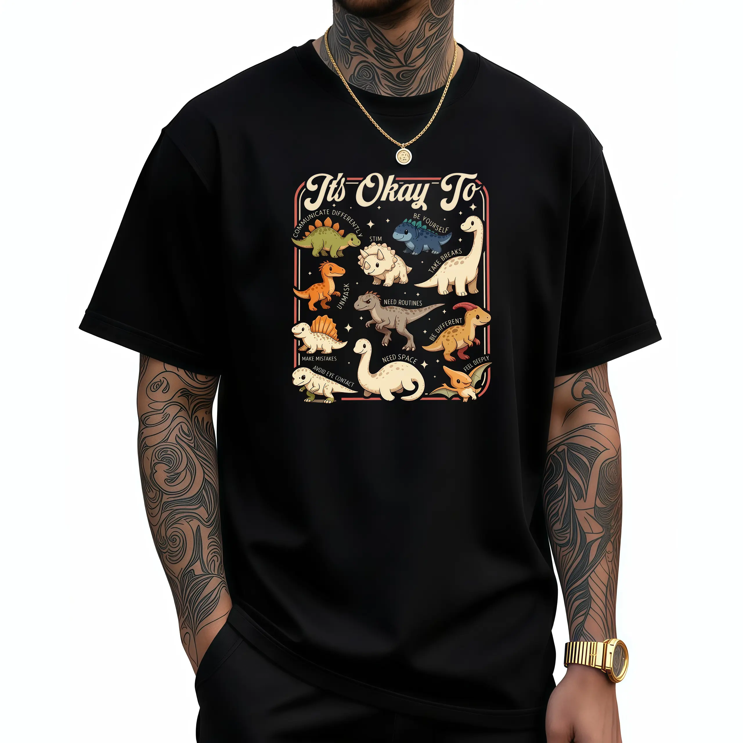 Unisex Cotton Round Neck Neurodiversity Dinosaur Graphic Tee - Vintage Retro "It's Okay To Accept" Slogan Print, Soft Loose Fit, Daily Wear Awareness Casual Menswear Top, Check, Flat, Shortsleeve, Tshirt
