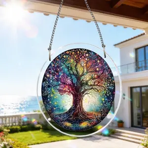 Rainbow Tree Acrylic Puzzle Suncatcher, Colorful Stained Glass Style, Round Window Hanging Decor, Gift for Nature Lovers, Home Decor for Women