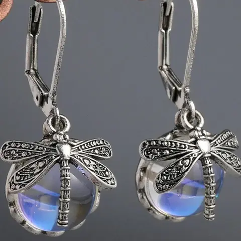 [Vintage Dragonfly Earrings] Vintage Copper Dragonfly Statement Earrings with Moonstone Accents - Fashionable Exquisite Tribal Craftsman Carved Design, Perfect for Women, Ideal for Festivals, Banquets, and Parties, Jewelry, Party Festival Earrings