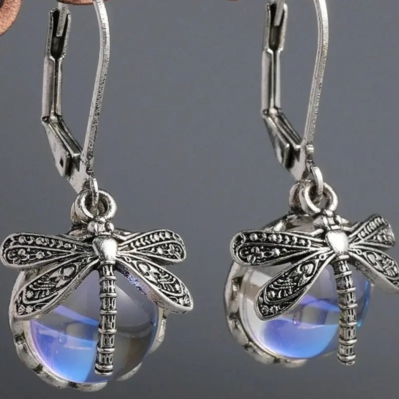 [Vintage Dragonfly Earrings] Vintage Copper Dragonfly Statement Earrings with Moonstone Accents - Fashionable Exquisite Tribal Craftsman Carved Design, Perfect for Women, Ideal for Festivals, Banquets, and Parties, Jewelry, Party Festival Earrings
