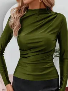 Women's Plain Ruched Mock Neck Tee, Elegant Fashion Casual Long Sleeve T-shirt for Daily Outdoor Wear, Women Clothing for Spring Fall