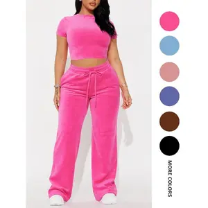 Women’s two-piece solid-color velvet set featuring a cropped T-shirt with short sleeves and a crew neckline paired with drawstring elastic-waist pants; women’s summer clothing, casual matching set GARMENTARY