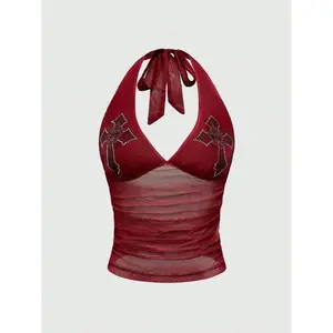 Goth Cross Rhinestone Mesh Side Ruched Halter Top, For Carnival