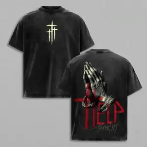 Praying Hands Triple Cross Vintage Acid Wash Oversized T-Shirt Front Triple Cross Logo Back Rope Prayer Hands Isaiah Bible Verse Graphic Distressed Black Unisex Cotton Crewneck Christian Faith Tee Great Gift For Religious Believers Casual Street Outfit