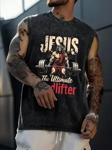 Men's Jesus Print Tank Top, Bodybuilding Fitness Tee, Regular Fit Casual Sleeveless Graphic Vest for Gym Workout Running, Men's Top for Summer, Menswear