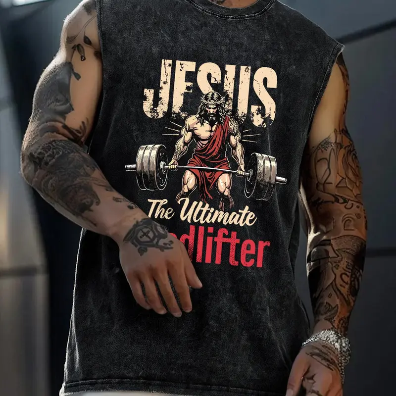 Men's Jesus Print Tank Top, Bodybuilding Fitness Tee, Regular Fit Casual Sleeveless Graphic Vest for Gym Workout Running, Men's Top for Summer, Menswear, Sleeveless Workout Tops