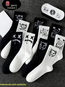 Men's Breathable Comfort Mid-Calf Sports Athletic Socks, 8 Pairs Random Patterns, Graffiti Design, Suitable for Daily Outdoor Activities