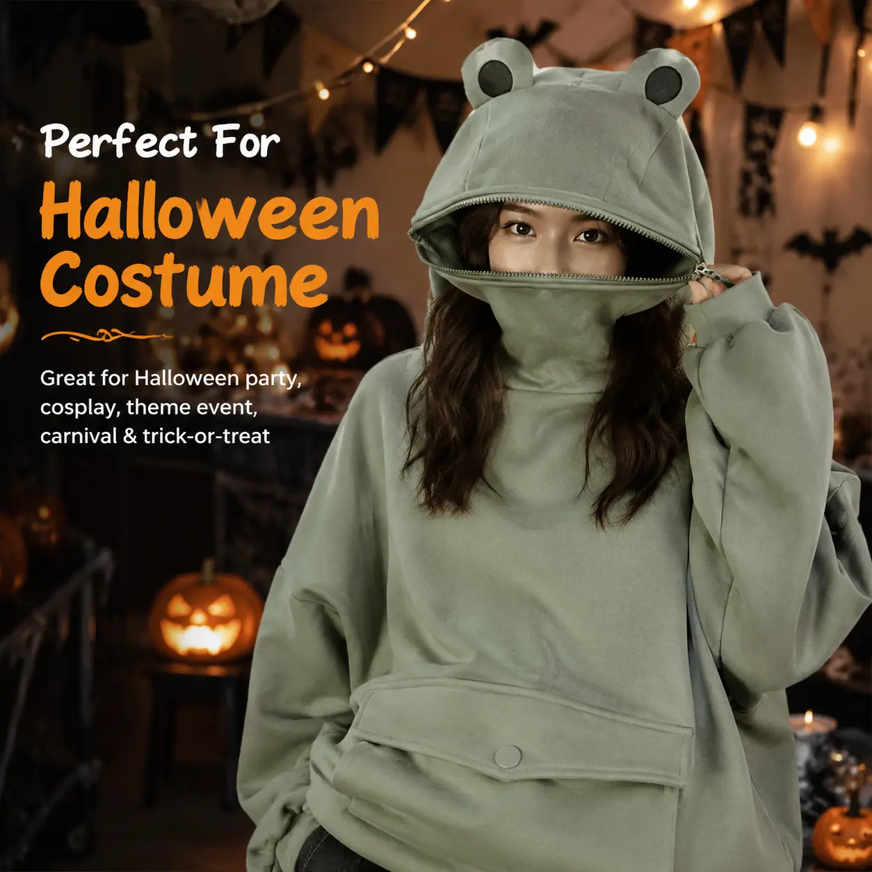 Frog Hoodie with Zipper Mouth – Cosplay Halloween Costume Pullover, Oversized Cozy Fleece Sweatshirt with Pockets, Cute Cartoon Graphic Top for Teen Girls, Party Dress-Up Jumper for Festive Fall