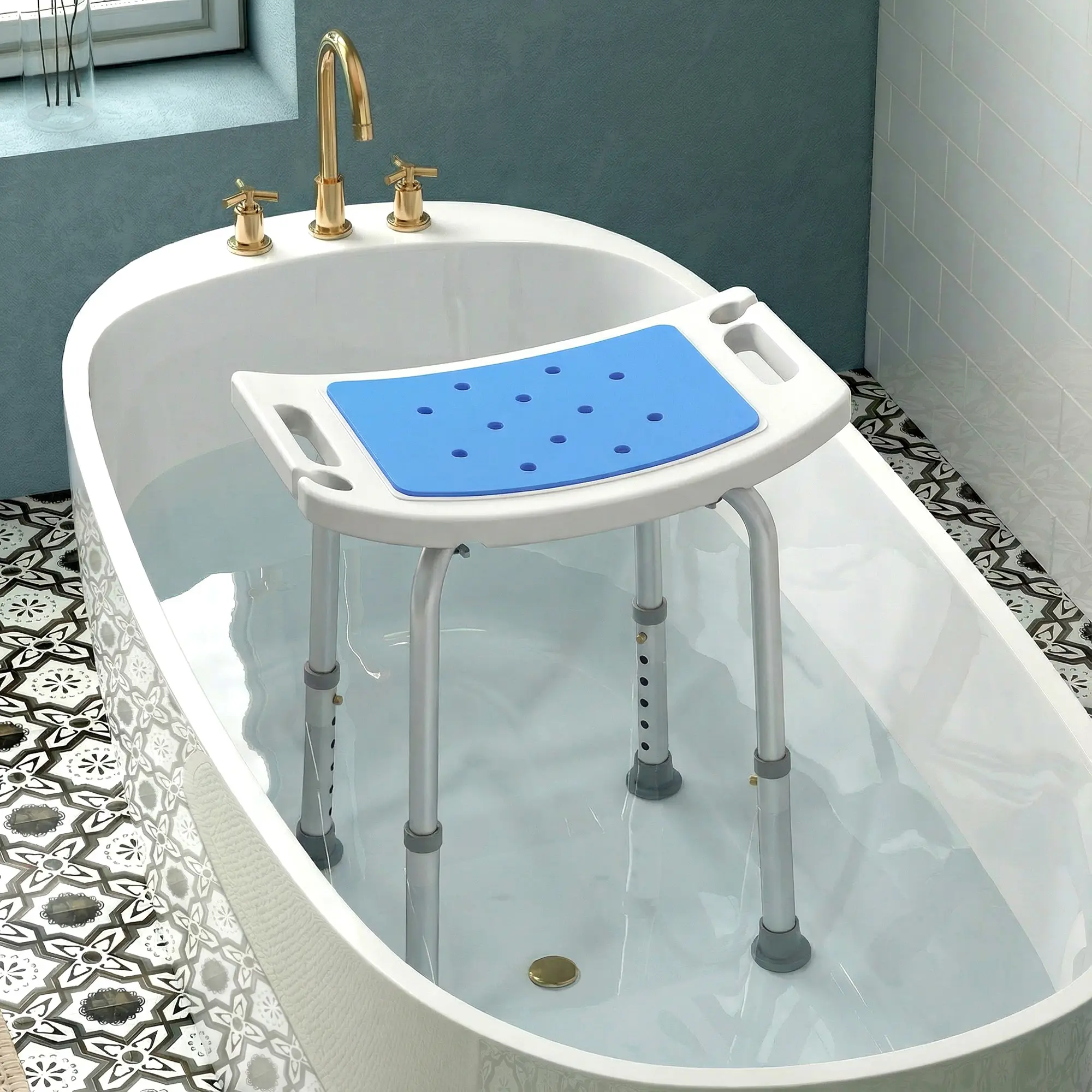 Adjustable Aluminum Bathroom Stool, Non-Slip Spa Shower Chair with Drain Hole - Safe Seating for Seniors, Bathrooms - Easy Draining Design