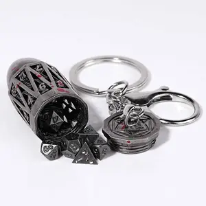 Multicolor Hollow Bullet-Shaped Metal D20 Dice Cage Keychain + Mini Dice Set