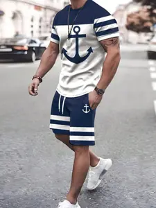 Men's All over Print Anchor Pattern Round Neck Short Sleeve T-Shirt and Shorts Set, Perfect for Casual and Sports Outings