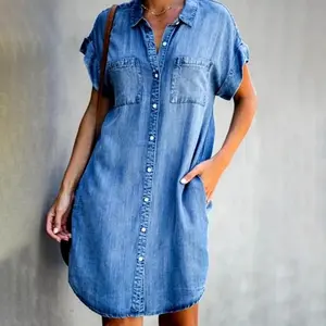 Lapel Short Sleeve Slim Fit Dress Denim Shirt Dress Women