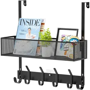Over The Door Hooks - Over Door Organizer, Door Hanger Towel Rack with Mesh Basket & Wreath Hanger, Behind Door Storage Coat Hooks for Bathroom, Bedroom, Kitchen (Black)