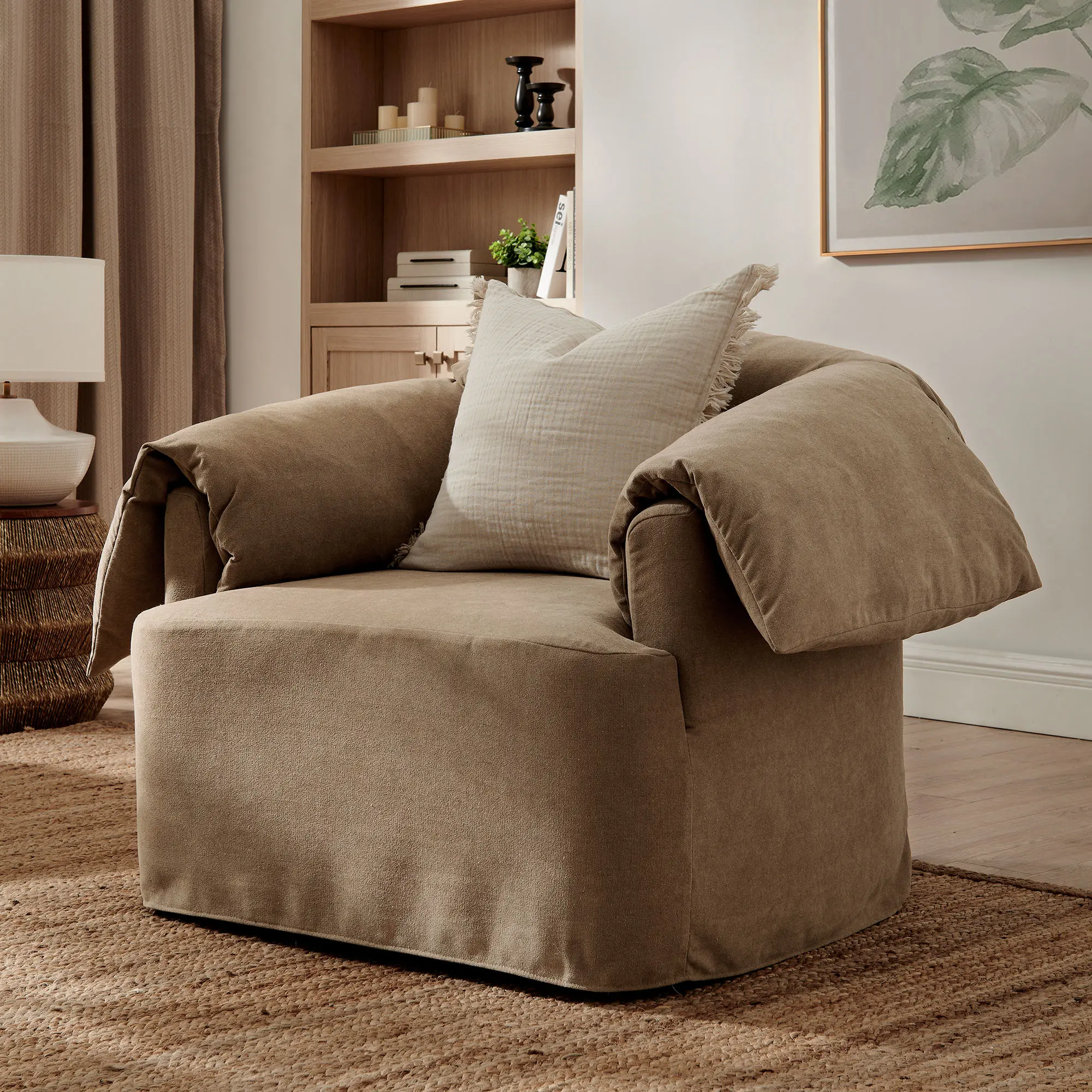 Lark Slipcovered Fabric Oversized Armchair in Almond