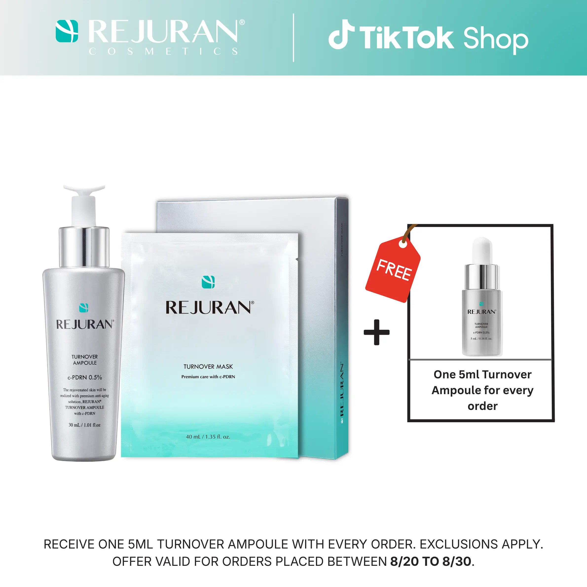 REJURAN Turnover Ampoule 1.01 fl oz & Turnover Mask 5-Pack - c-PDRN - Anti-Aging Face Serum Firmness, Radiance - Skin Repair, Firming Deeply Nourishing Ultra Microfiber Sheet Mask