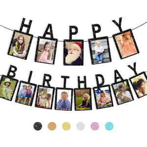 Pre-strung banner Birthday Photo Banner Picture Banner and Photo Frame Suitable for Children and Adults' Birthday Party Decoration Background Black