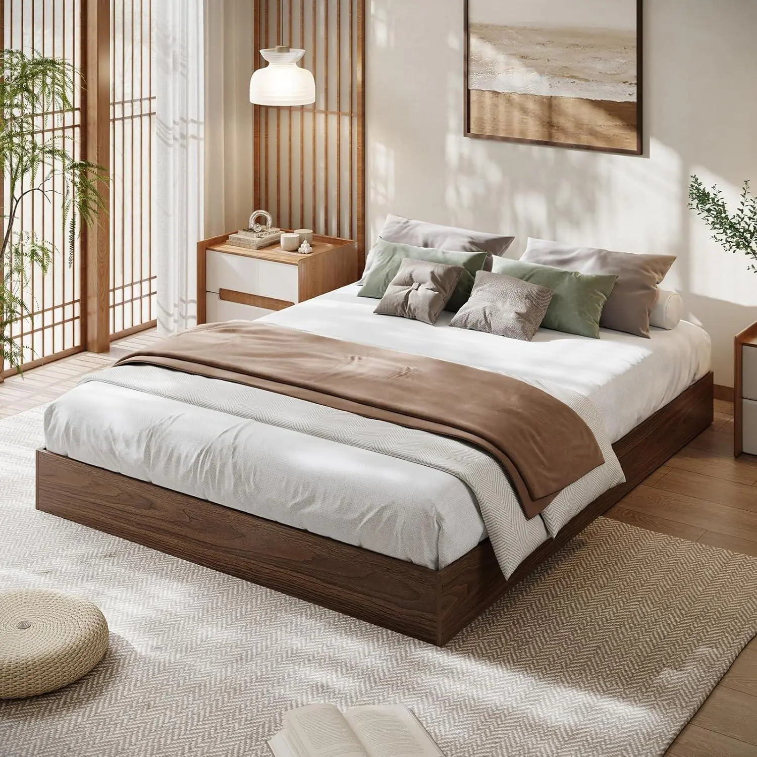 Modern Minimalist Low-Profile Unframed California King Solid Wood Platform Bed - Walnut Finish, Floor-Standing Design, Natural Grain, Reinforced Beams, Sturdy Slats, No Box Spring Needed, Easy Assembly, Durable, Exceptional Placement Versatility