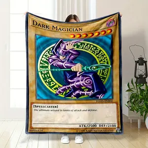 Yu-Gi-Oh! Dark Magician Themed Blanket, Featuring the Iconic Ultimate Wizard in His Classic Purple Robes, Brandishing His Magic Staff Against the Signature Spell Circle Backdrop. This Soft Cozy Bl