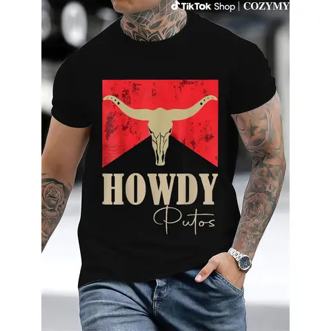 100% Cotton Howdy Putos Bull Skull Country Cowboy Western Graphic T-Shirt Casual Apparel