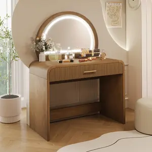 39" Makeup Vanity Table with LED Touch Screen Lighted Mirror, Dressing Table with Drawer, Curved Edges, Ample Storage, Removable for Desk Use, Bedroom, Espresso light Modern Wood Dresser