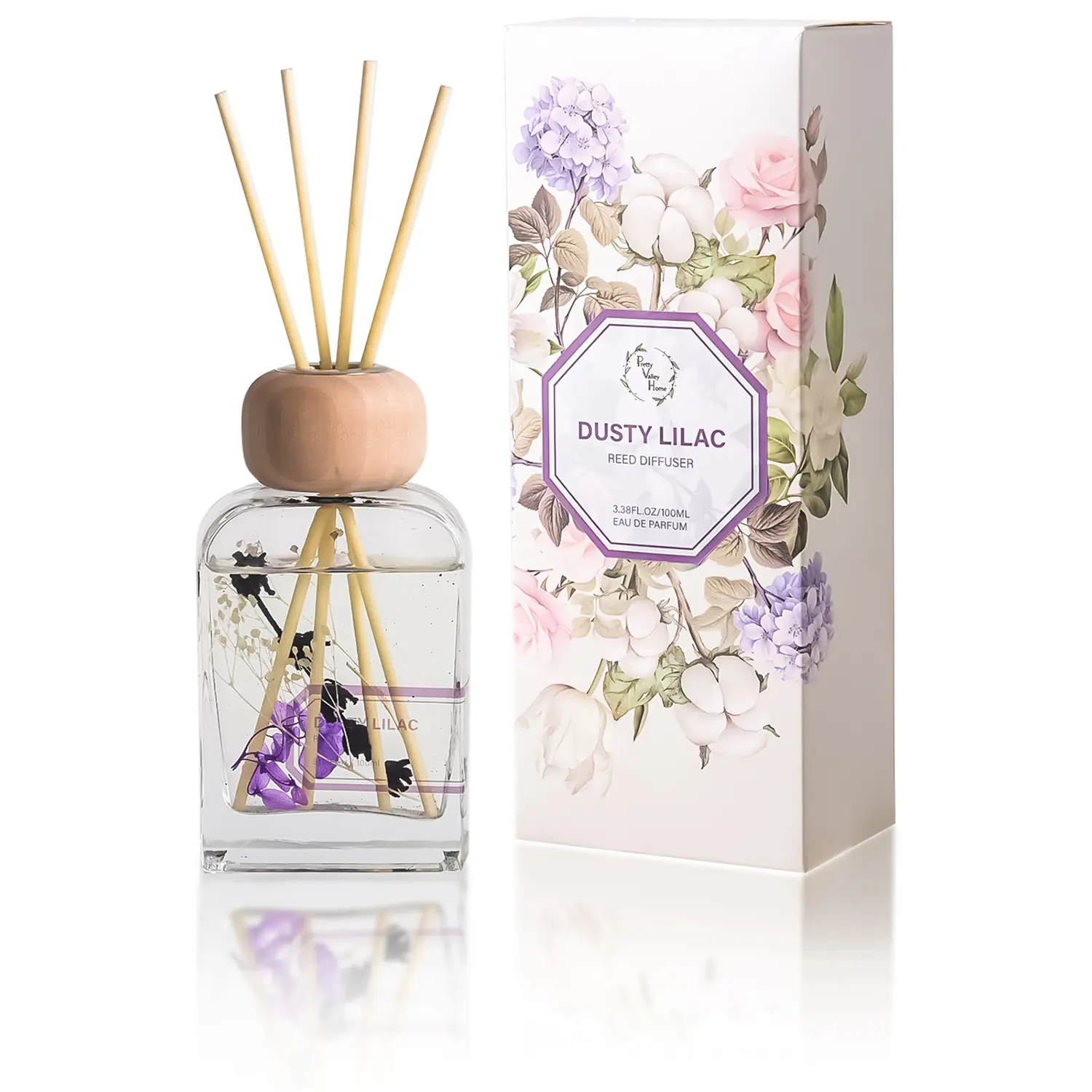 Pretty Valley Home-Dusty Lilac Reed Diffuser Gift Set - 3.4 fl oz Elegant Scented Oil Diffuser with Decorative Glass Bottle & Sticks, for Bathroom Shelf, Living Room, Housewarming Gift