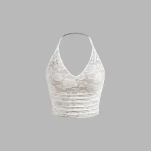 Cider [size 2-10] V-neck Floral Lace Ruched Halter Crop Cami Top