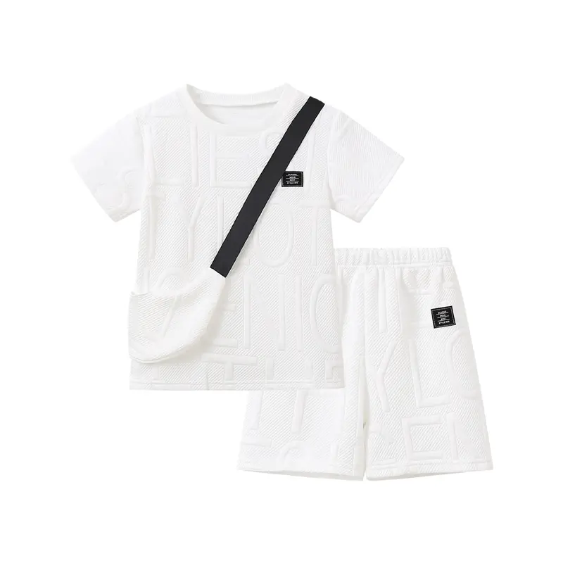 Boys' Fashionable Summer Embossed 3-Piece Set: Short-Sleeve Shirt + Shorts + Crossbody Bag-A Stylish, Trendy, Skin-Friendly, Breathable Casual Sports Set
