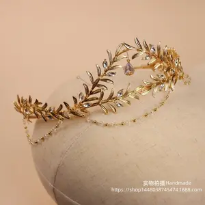 Greek Laurel Leaf Gold Bridal Headband, Teardrop Crystal Dangle Chain, Retro Baroque Statement Hair Jewelry for Wedding Photoshoots