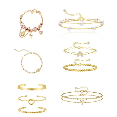 【Tewiky】Women's 14-Carat Gold Bracelet Set - Stackable, Stylish, Waterproof, Non-Fading, Delicate, Layered Gold-Tone Bracelets & Bangles, Costume Jewelry Gift Accessory