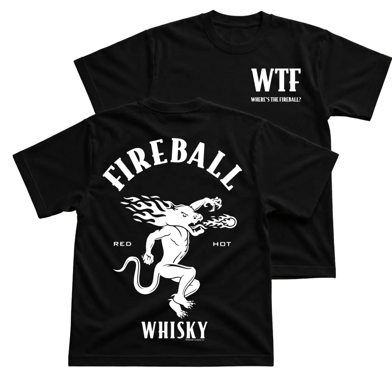 WTF Where’s The Fireball Men’s T-Shirt, Funny Backyard Party Graphic Tee, Red Hot Flame Character Back Print Shirt, Front Chest Quote Logo Tee, Black Casual Humor Apparel, Weekend Lounge Gift For Men