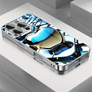 Tech Luxury Blue-Golden Gradient Metallic Texture Background Apple Print Pattern Electroplated TPU Phone Case with Lens Protection for iPhone 16 15 14 13 12 11Promax Plus Xs/Xsmax Full Coverage Anti-Drop Tempered Glass Protective Cover