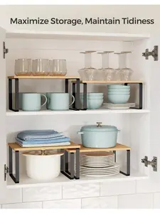4pk Stackable Cabinet Shelves - Expandable Metal & Wood Kitchen Storage Rack for Spices