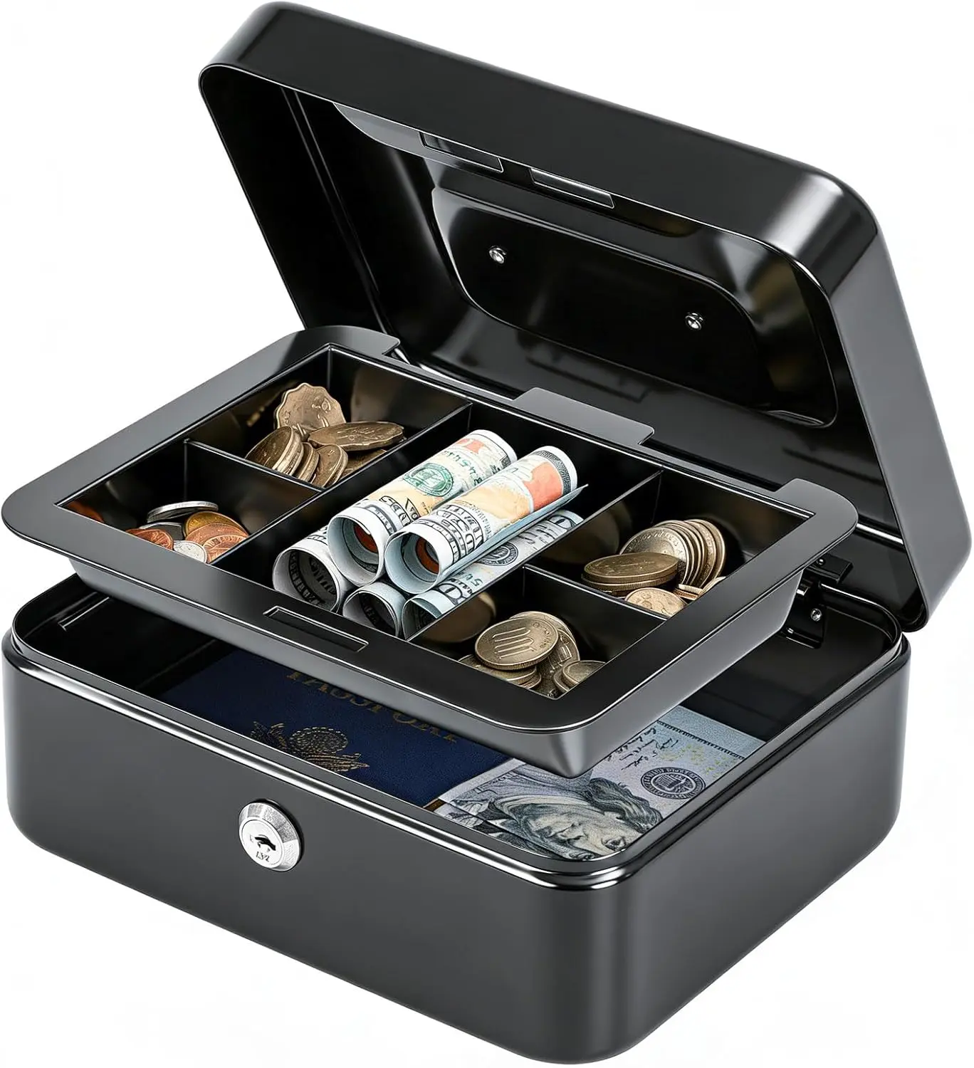 Medium Cash Box with Removable Money Tray, Key Lock Metal Storage Box with 2 Keys & Portable Handle, Safe Cash Drawer, 7.87"x 6.30"x 3.54", Black