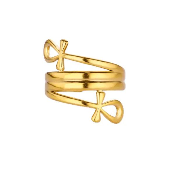 Matching Couple Rings, Double Layer Cross Ring in Gold Tone, Unisex Stainless Steel Promise Rings for Him & Her.