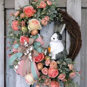 Easter Decorative Rabbit Wreath Ribbon Flower Garland Door Hanging Artificial Flower Wreath, Realistic Plant Party Decoration, Home Ornament