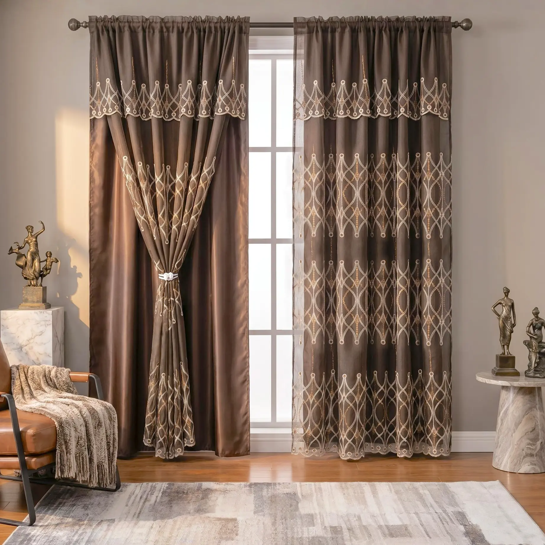 Vintage 2-Panel Double Layer Geometric Diamond Embroidery Sheer Curtains with Waterfall Valance, 52"x84" Rod Pocket Doli Curtains, Decor Textile Accessory, Decor for Living Room, Bedroom Use