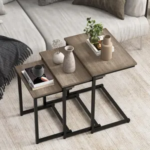 Nesting Coffee Table Set of 3, Stackable Square End Table w/Wood Grain Tabletop & Heavy-Duty Metal Frame, Farmhouse C-Shaped Accent Table for Small Space, Living Room, Bedroom (Black Oak)