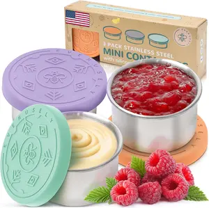 EVERUSELY Stainless Steel Condiment Cups - 3 Pack, 1.7 oz, Leakproof, Color-Coded Lids, Reusable for Salad Dressing & Sauce Containers, Perfect for Lunchbox, Meal Prep, Bento Boxes