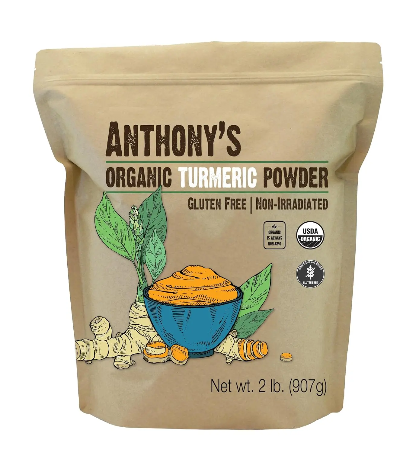 Anthony's Organic Turmeric Root Powder, 2 lb, Curcumin Powder, Gluten Free & Non GMO